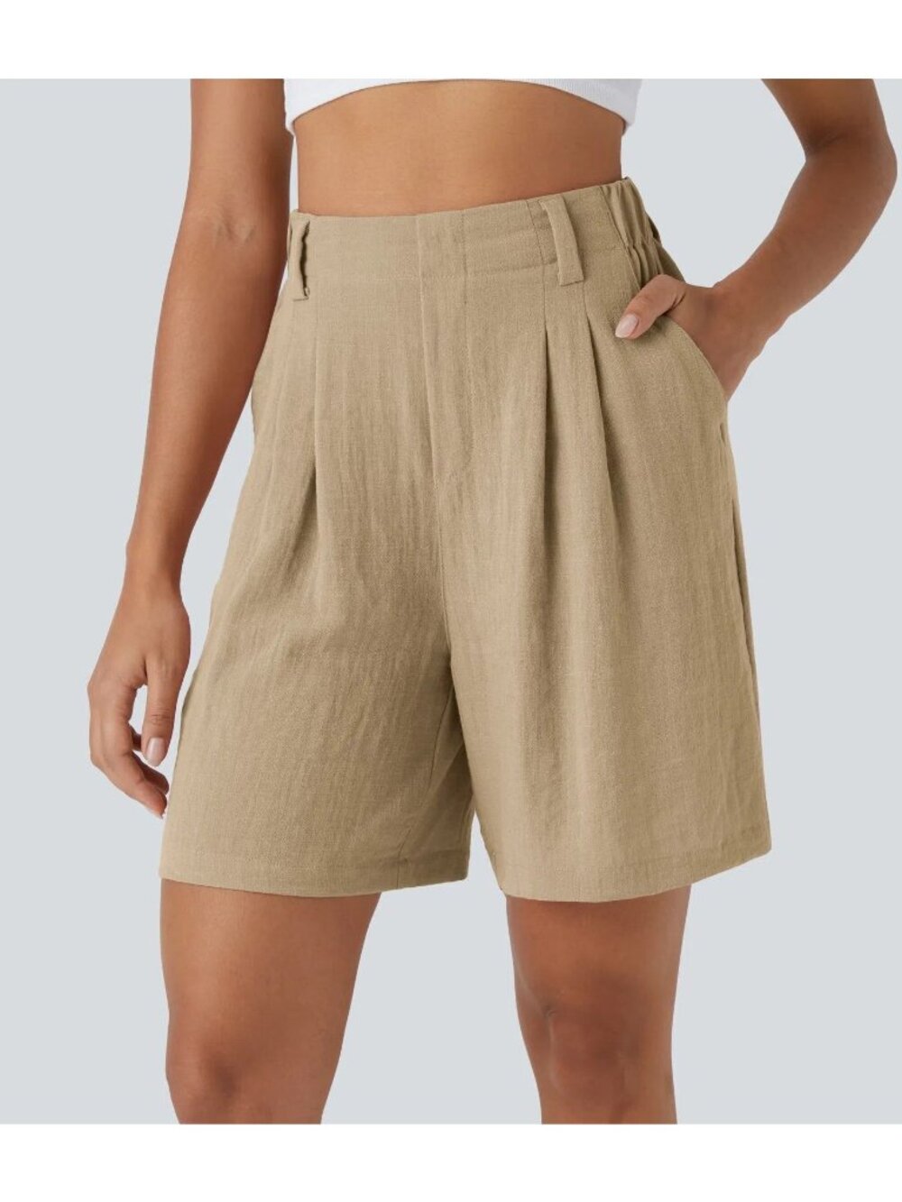 Halara Tan High Waisted Wide Leg Casual Linen-Feel Bermuda Shorts Size Small